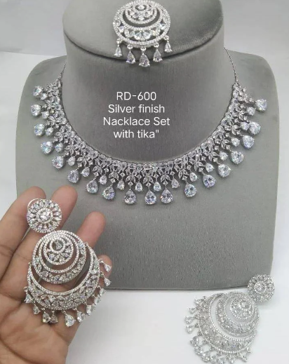 Dazzling Dreams: American Diamond Bridal Necklace Set with Earrings, Maangtikka, and AD Jewelry