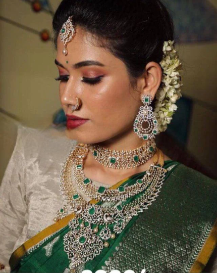 Super grand luxury diamond set , southindain neckband with big earrings , tikka and diamond nath