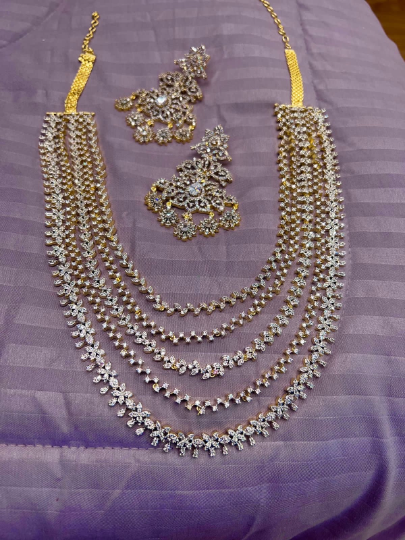 High Quality 5 Lines Diamond  Grand Heavy set with 4 inches screw back long grand earring•southindian trending haram