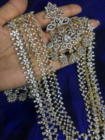 High Quality 5 Lines Diamond Grand Heavy set with 4 inches screw back long grand earring•southindian trending haram
