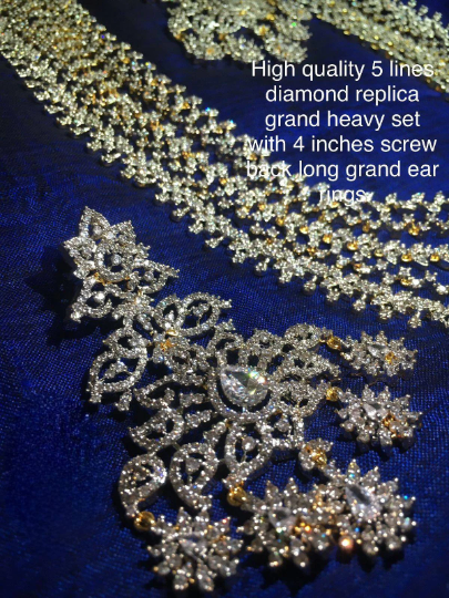 High Quality 5 Lines Diamond Grand Heavy set with 4 inches screw back long grand earring•southindian trending haram