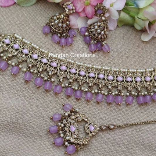 Exquisite Lavender Polki Kundan Choker Set - A Stunning Piece of Punjabi and Indian Jewelry