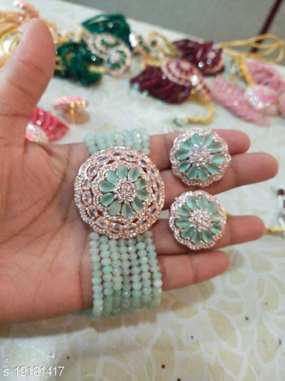 Enchanting Bollywood Opulence: Sea Green CZ Necklace and Earrings Choker Set with Hyderabadi Influences – A Bridal Choker Statement in Exquisite Indian and Pakistani Jewelry