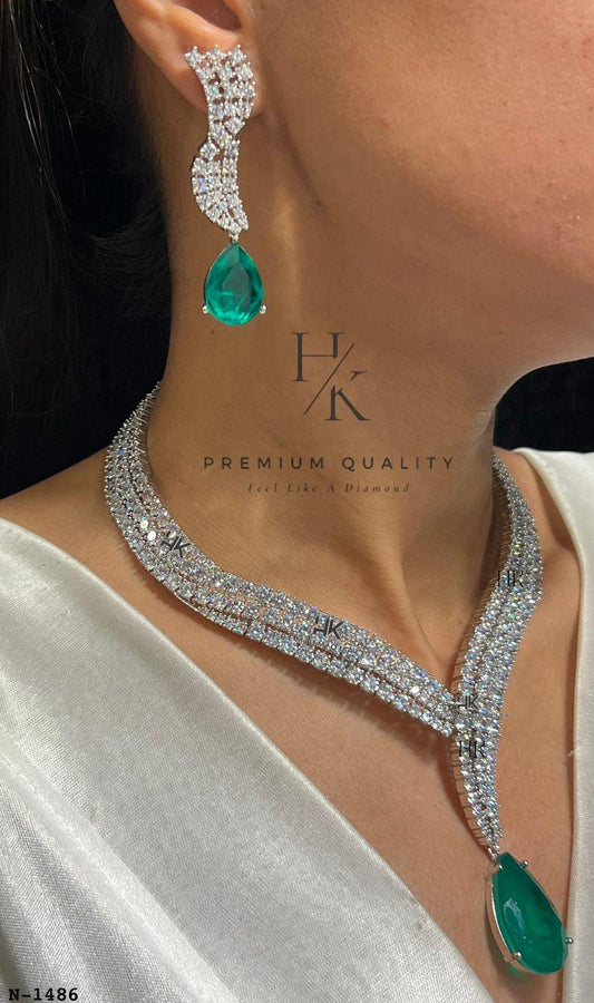 American Diamond Pendant Necklace & Earrings Set: Rhodium Plated Wedding Jewelry