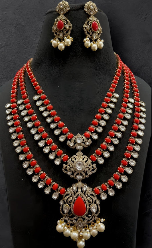 AD Kundan 3-Layer Bridal Necklace Set: Indian Wedding Jewelry