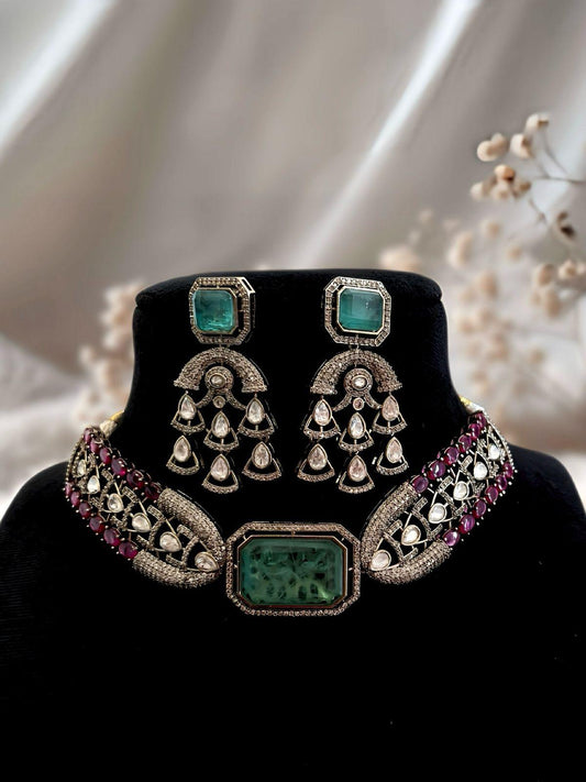 CZ Kundan Choker Jewelry Set: Indian Bridal Necklace & Earrings