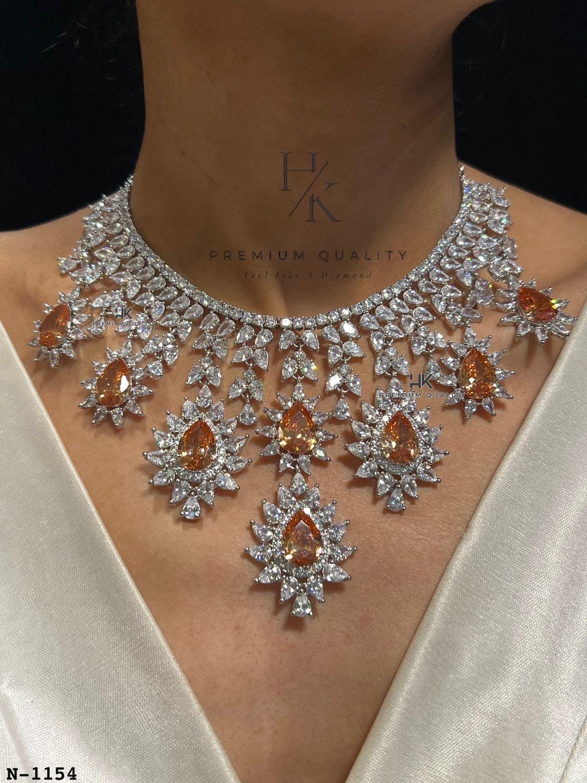 CZ Bridal Jewelry Set, American Diamond Necklace Earrings Ring Bracelet, Statement Wedding Jewelry