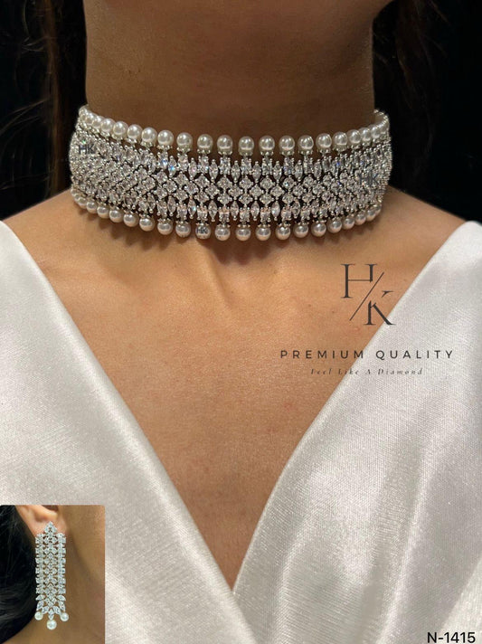 American Diamond & Pearl Choker Set: Bridal Jewelry with Matching Earrings