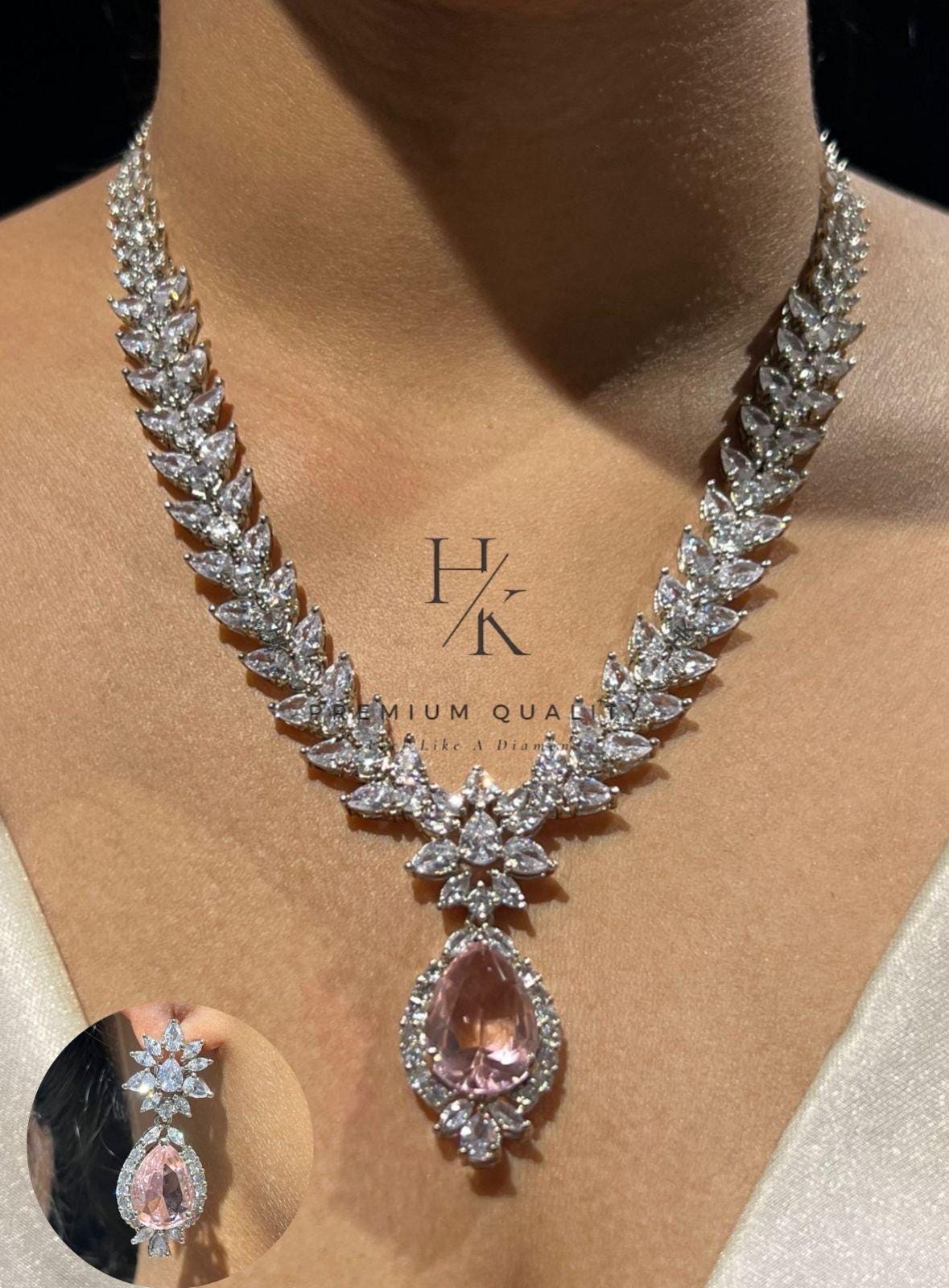 American Diamond Emerald Pendant Necklace Set | Bridal CZ Jewelry