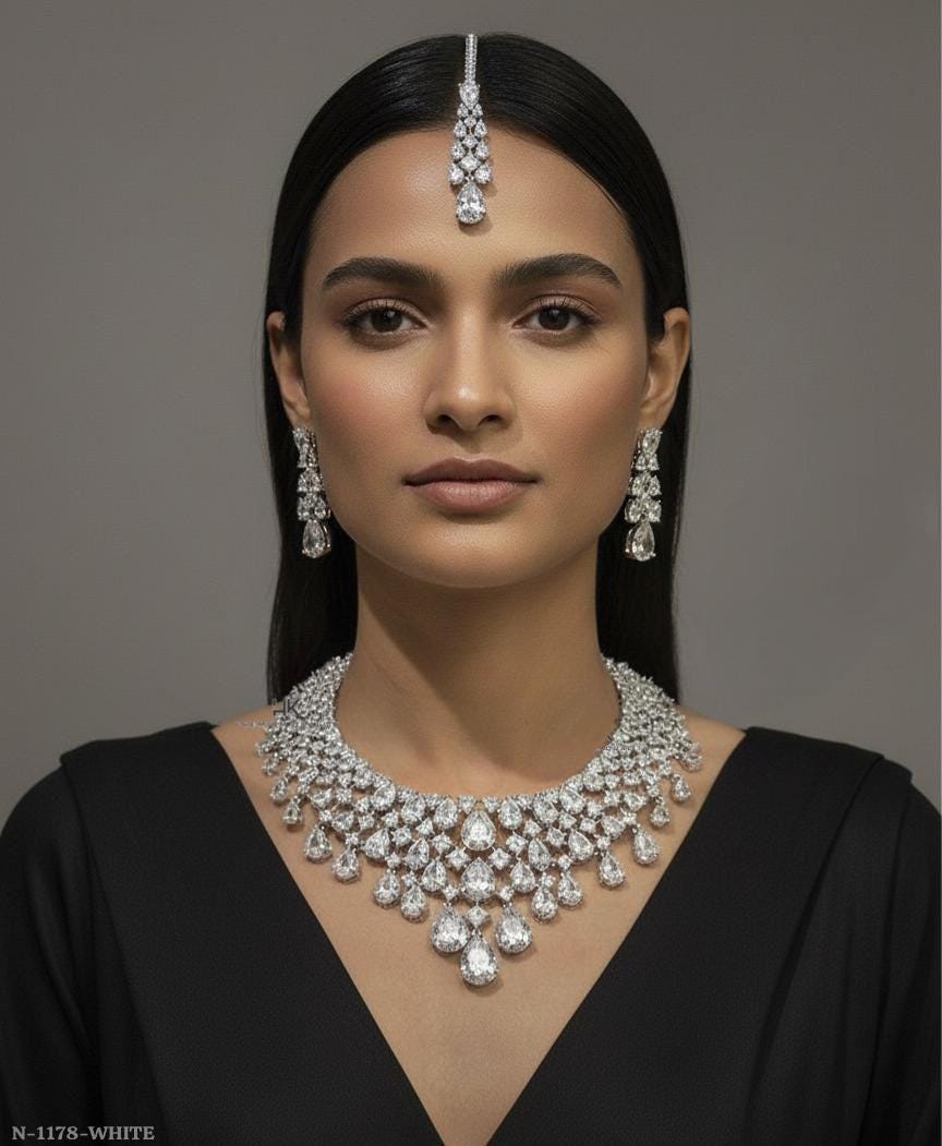Bridal Necklace Set with Maang Tikka Earrings | American Diamond Choker Wedding Jewelry
