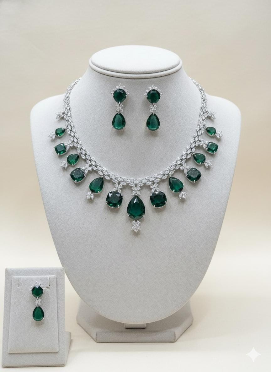 American Diamond Necklace Set: Emerald Green Jewelry