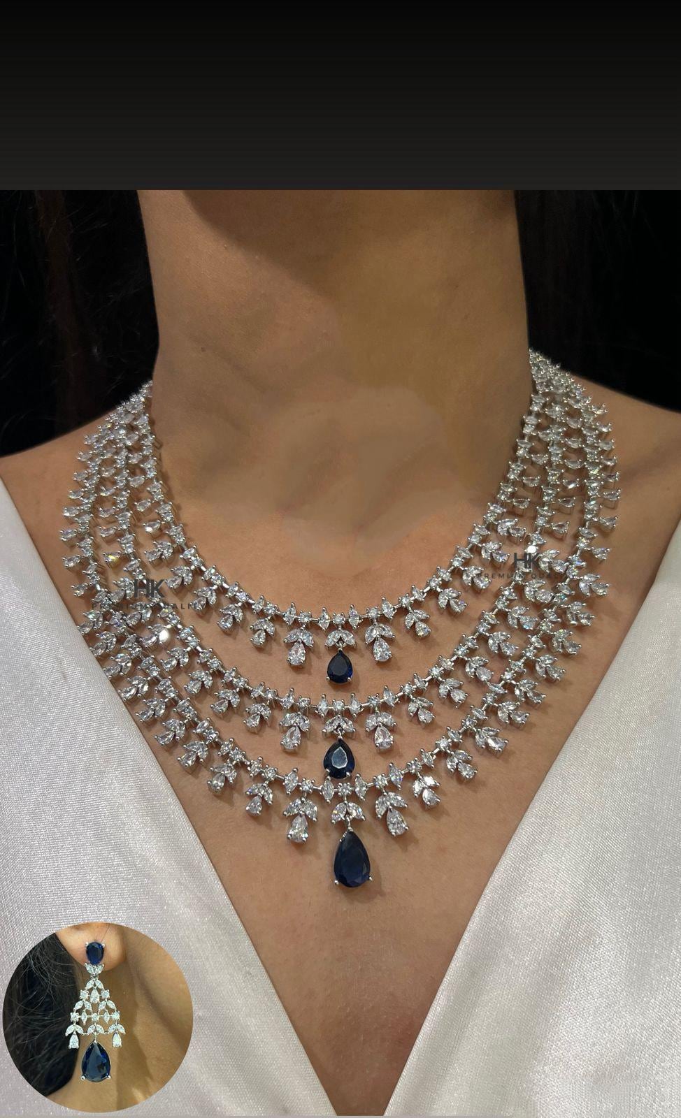 American Diamond 3 layer Necklace & Earrings Set: Elegant Indian Jewelry