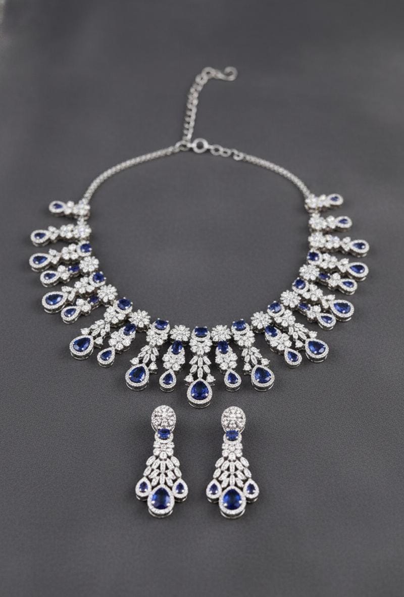 American Diamond Necklace with Earrings & maangtikka Set , Party wear And Anniversary Gift jewelry