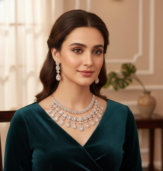 AD Stone Indian Bridal Jewelry Set | American Diamond Necklace Earrings