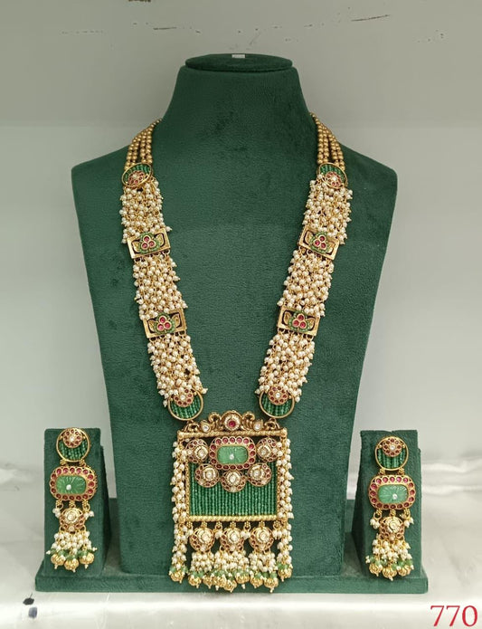 Kundan Rani Haar Necklace with Green Beads & Pearls | Indian Bridal Jewelry Set