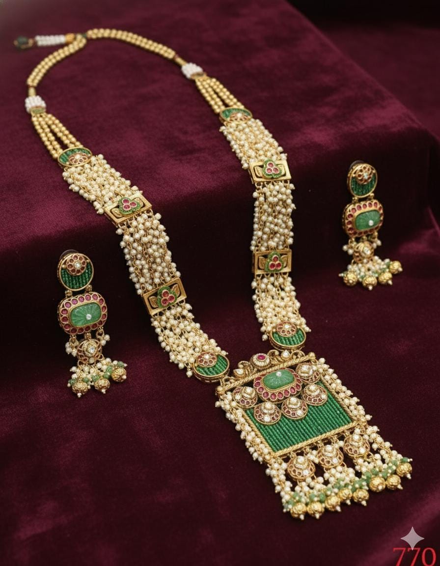 Kundan Rani Haar Necklace with Green Beads & Pearls | Indian Bridal Jewelry Set