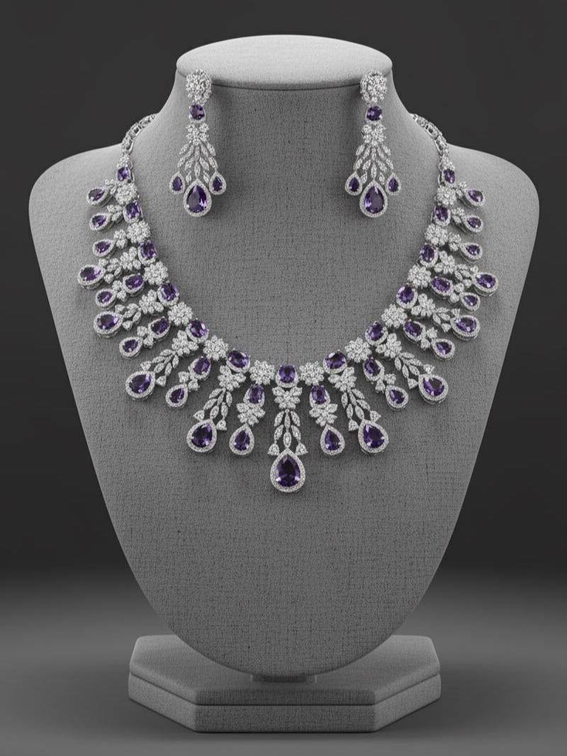 American Diamond Necklace with Earrings & maangtikka Set , Party wear And Anniversary Gift jewelry