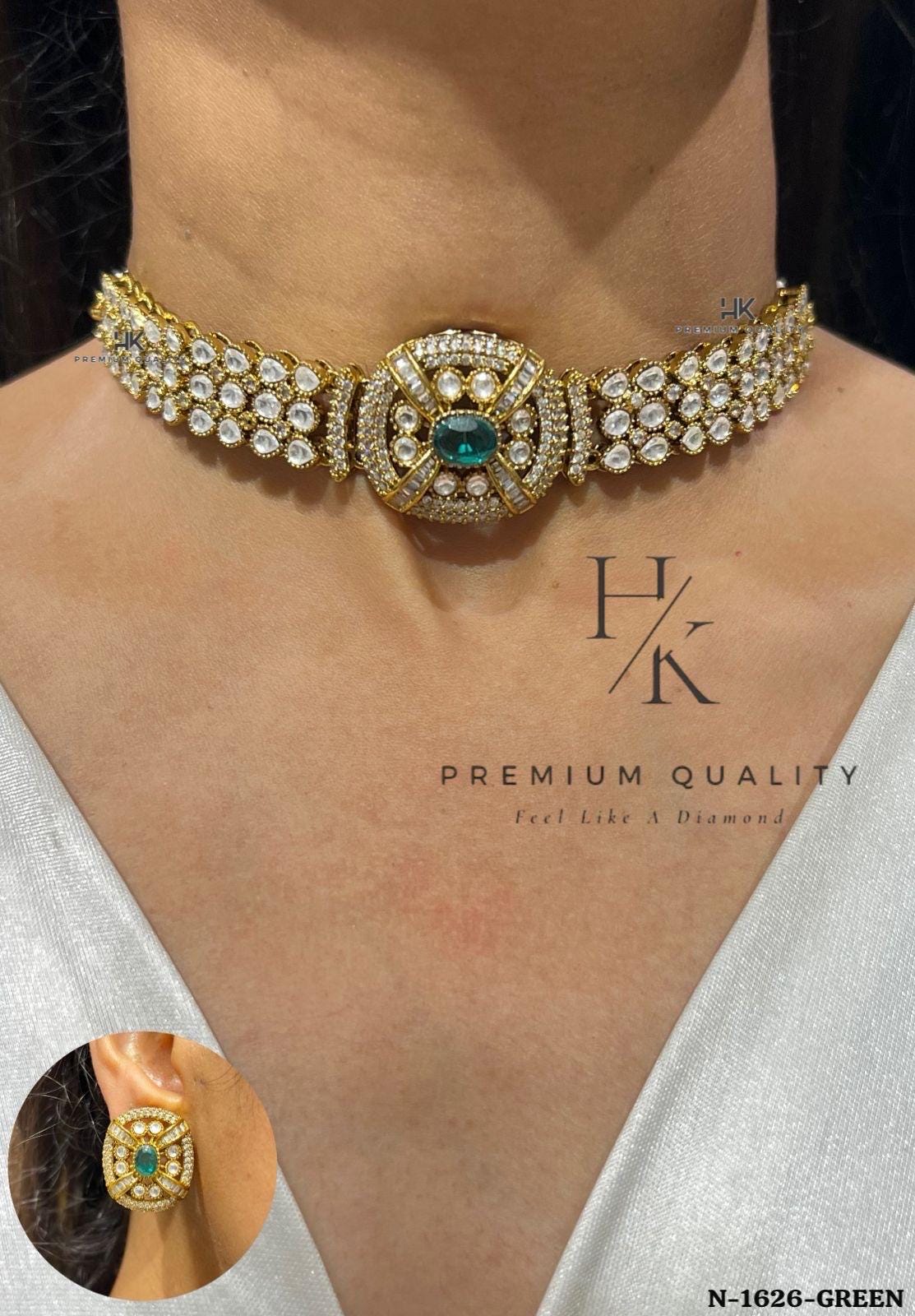 22ct Gold Plated Kundan Choker Set | AD Stone Earrings , gift for her