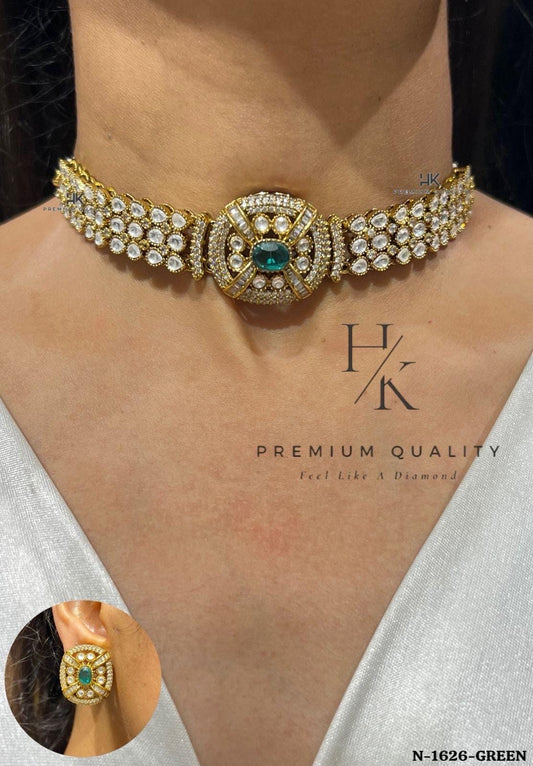 22ct Gold Plated Kundan Choker Set | AD Stone Earrings , gift for her
