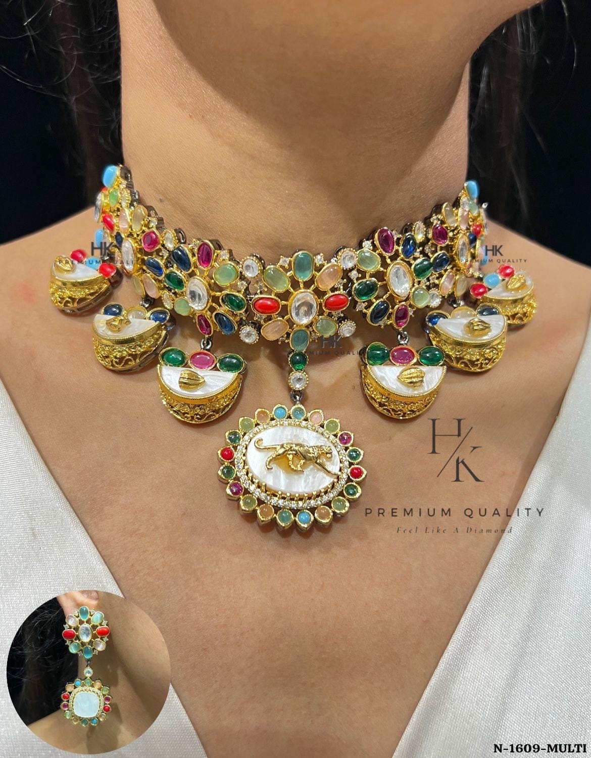 22ct Gold Plated Moonlight Stone Necklace & Earrings | Sabyasachi Inspired Bridal Jewelry Set