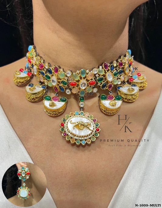 22ct Gold Plated Moonlight Stone Necklace & Earrings | Sabyasachi Inspired Bridal Jewelry Set