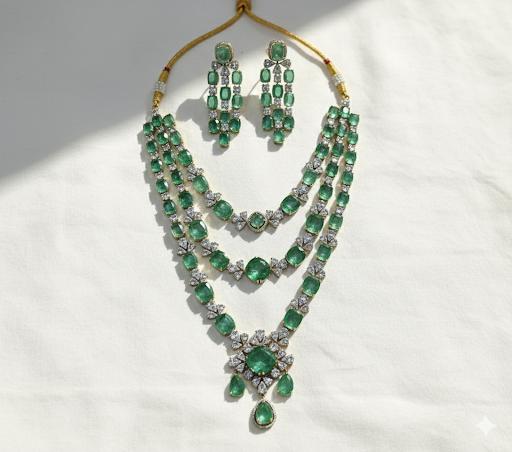 American Diamond 3 Layer Long Necklace Set with Earrings | Party & Wedding Jewelry