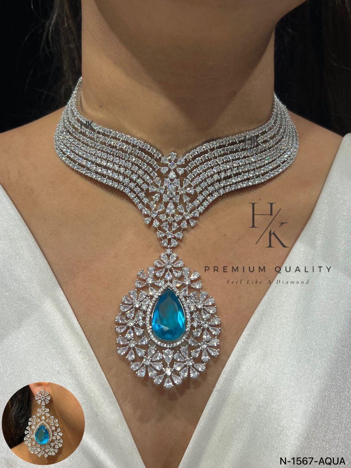 American Diamond Necklace and Earrings Set: Rhodium Plated Wedding Jewelry