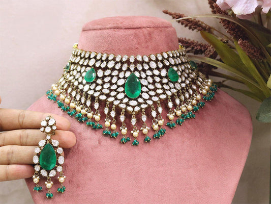 Moissanite Polki Kundan Choker Necklace Set with Earrings | Indian Bridal Jewelry