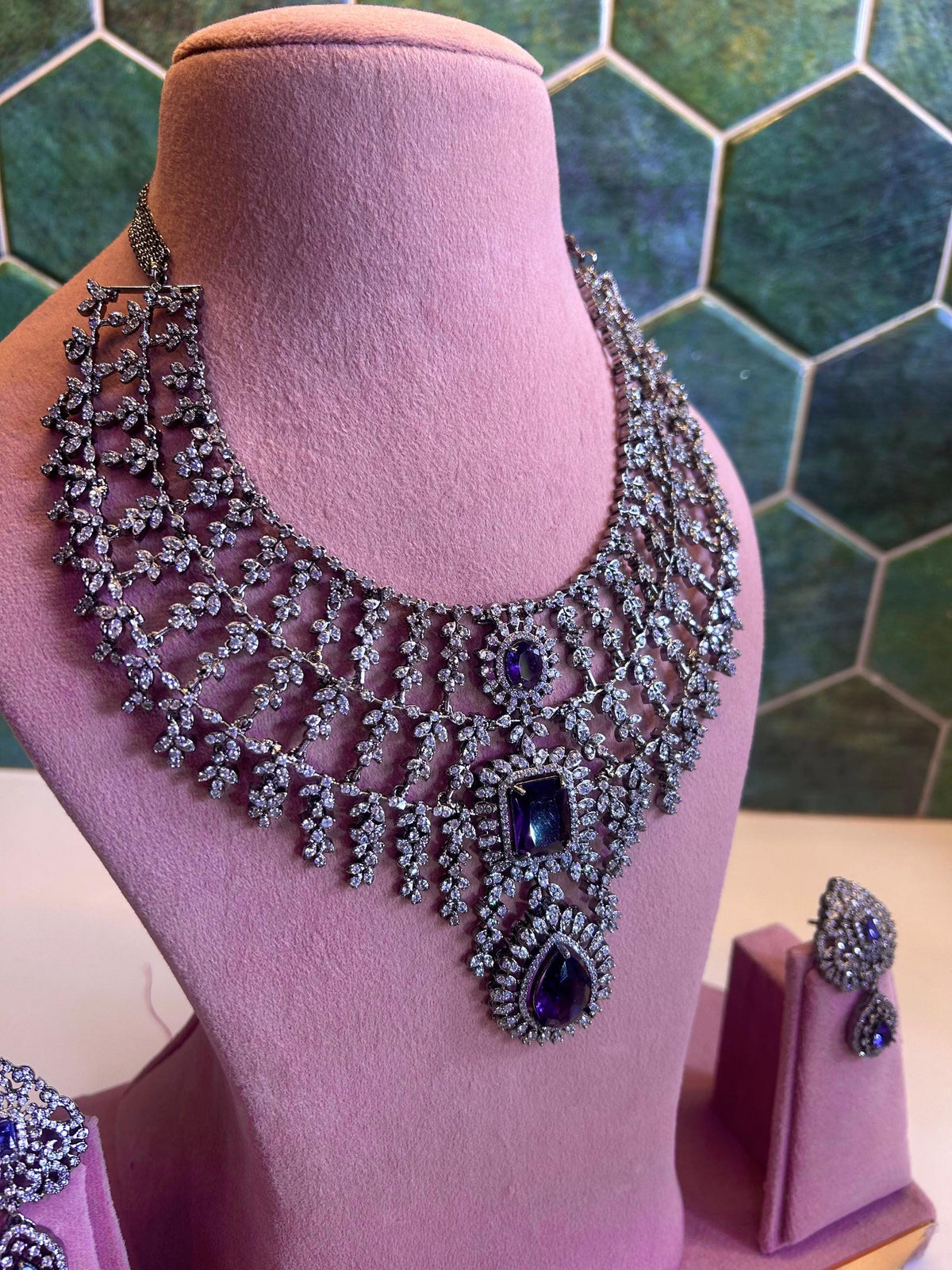 American Diamond CZ Choker Necklace Set, Indian Bridal Jewelry with Earrings
