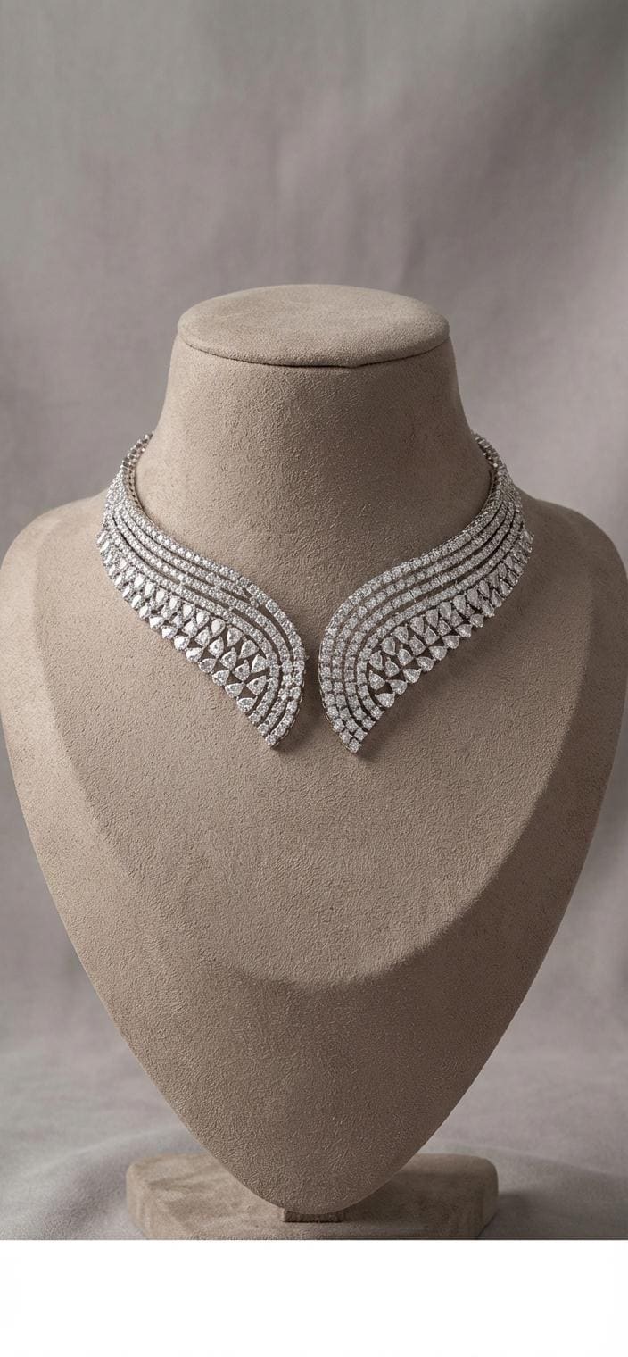 Indian Bridal Necklace Set | Silver Tone CZ Layered Choker (Statement Jewelry)