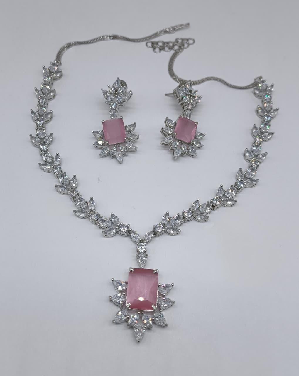 American Diamond CZ Bridal Necklace Set, Leaf Floral Pendant, Matching Earrings
