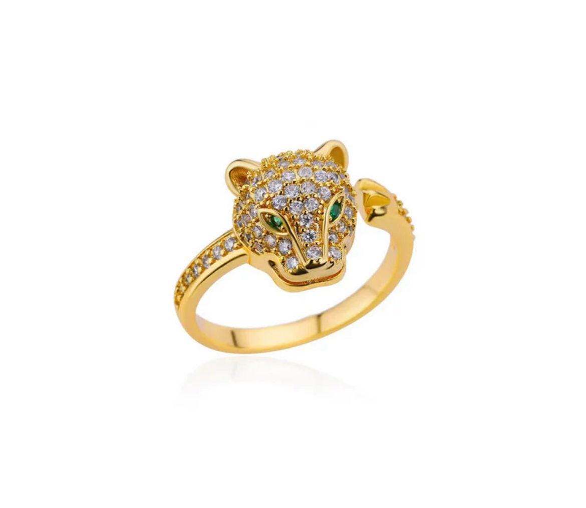 18K Gold Plated Jaguar Head Ring | Crystal Emerald Eyes Statement Ring