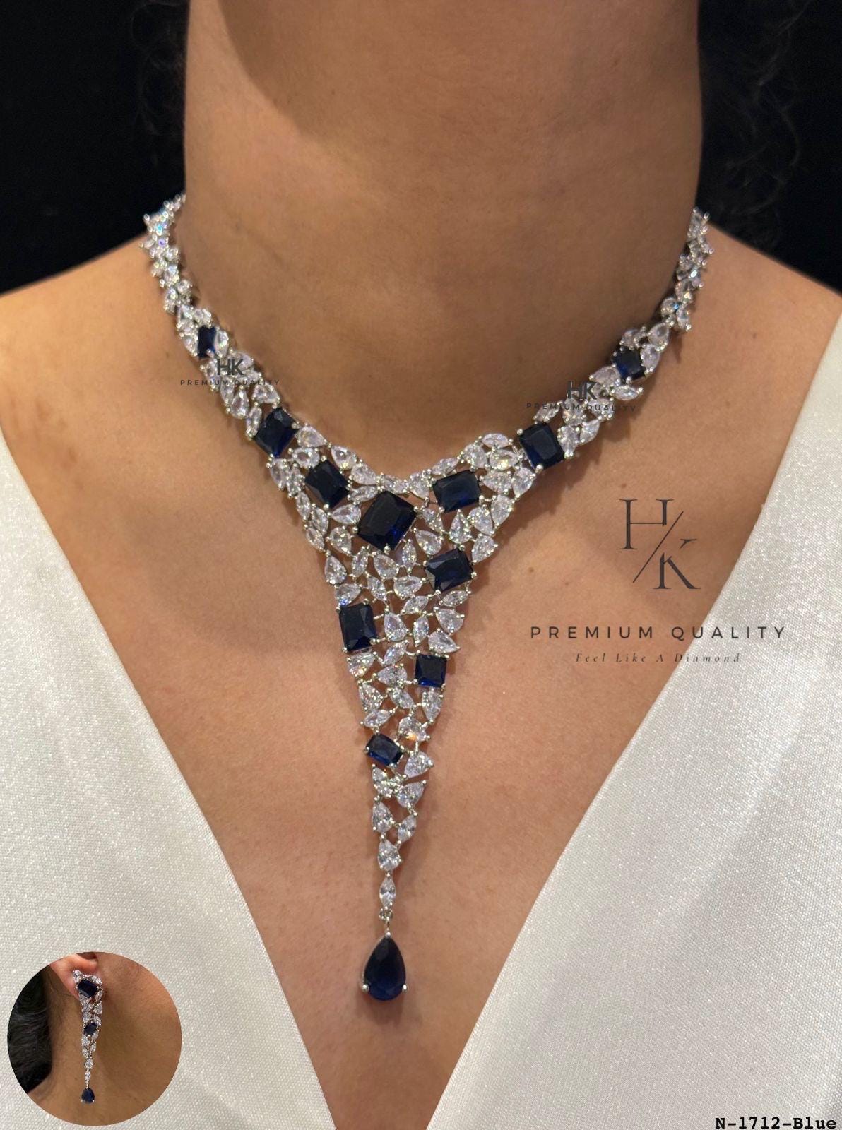 American Diamond Bridal Necklace Set, Crystal Statement Wedding Jewelry, Elegant Drop Earrings