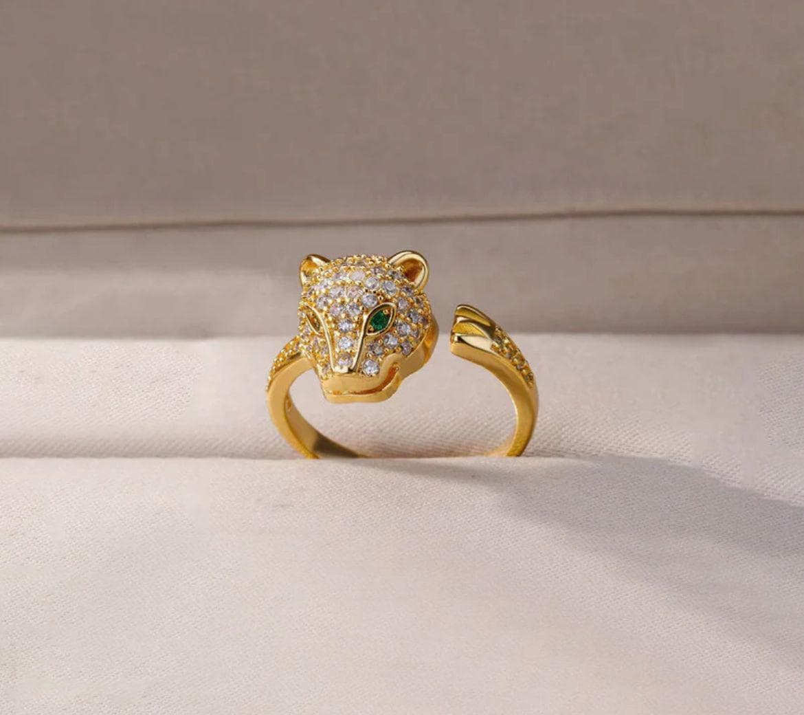 18K Gold Plated Jaguar Head Ring | Crystal Emerald Eyes Statement Ring