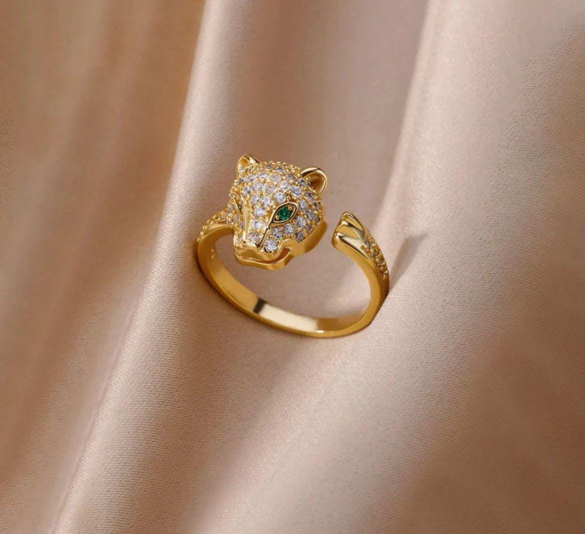 18K Gold Plated Jaguar Head Ring | Crystal Emerald Eyes Statement Ring