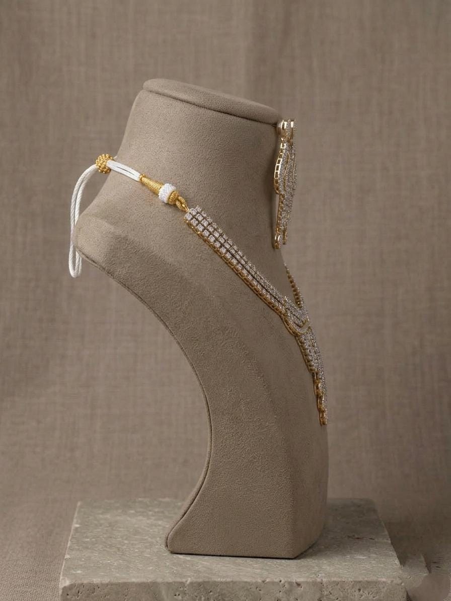 Gold Plated American Diamond Necklace Set, Bridal CZ Wedding Jewelry with Earrings