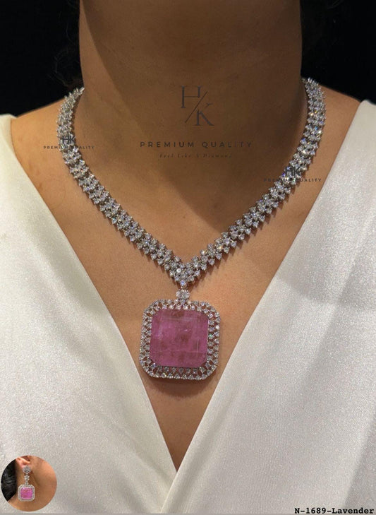 Lavender Pink Statement Necklace Set, Cushion Cut Crystal Bridal Jewelry