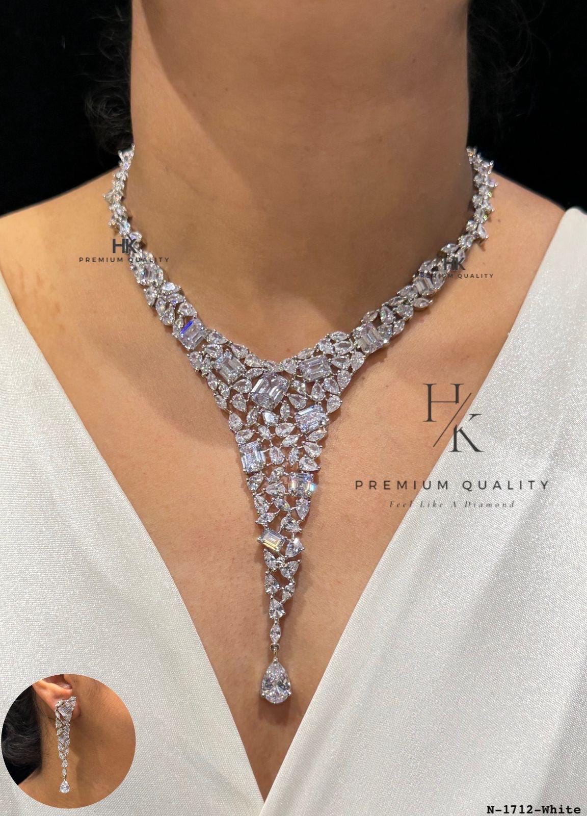 American Diamond Bridal Necklace Set, Crystal Statement Wedding Jewelry, Elegant Drop Earrings