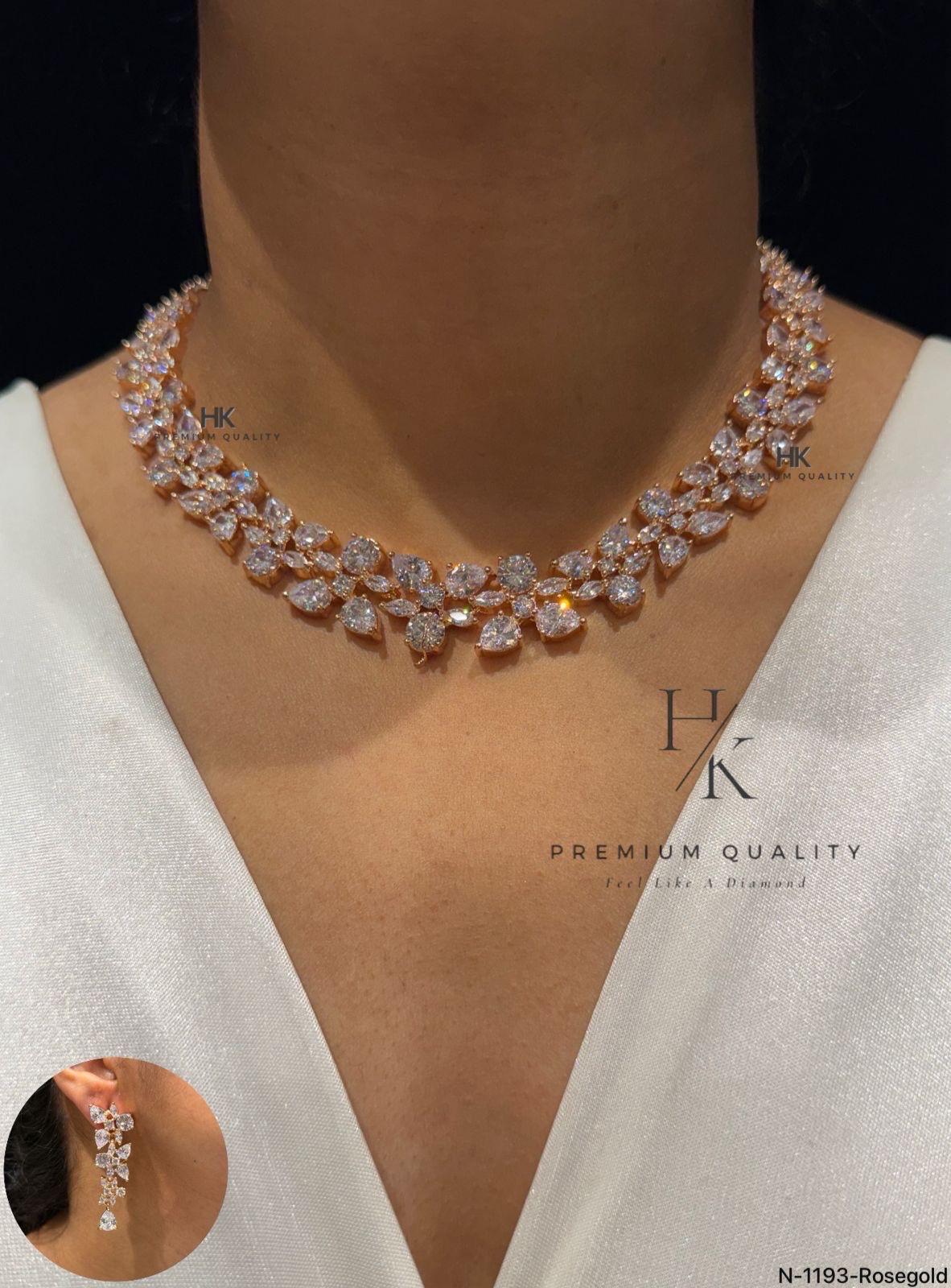 Floral American Diamond Necklace Set, Crystal Bridal Jewelry, Wedding Earrings, Silver Tone Flower Statement