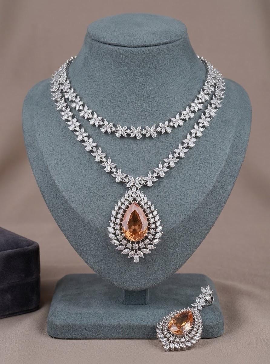 CZ Bridal Necklace Set, Double Layer Floral Crystal Pendant, Luxury Wedding Jewelry