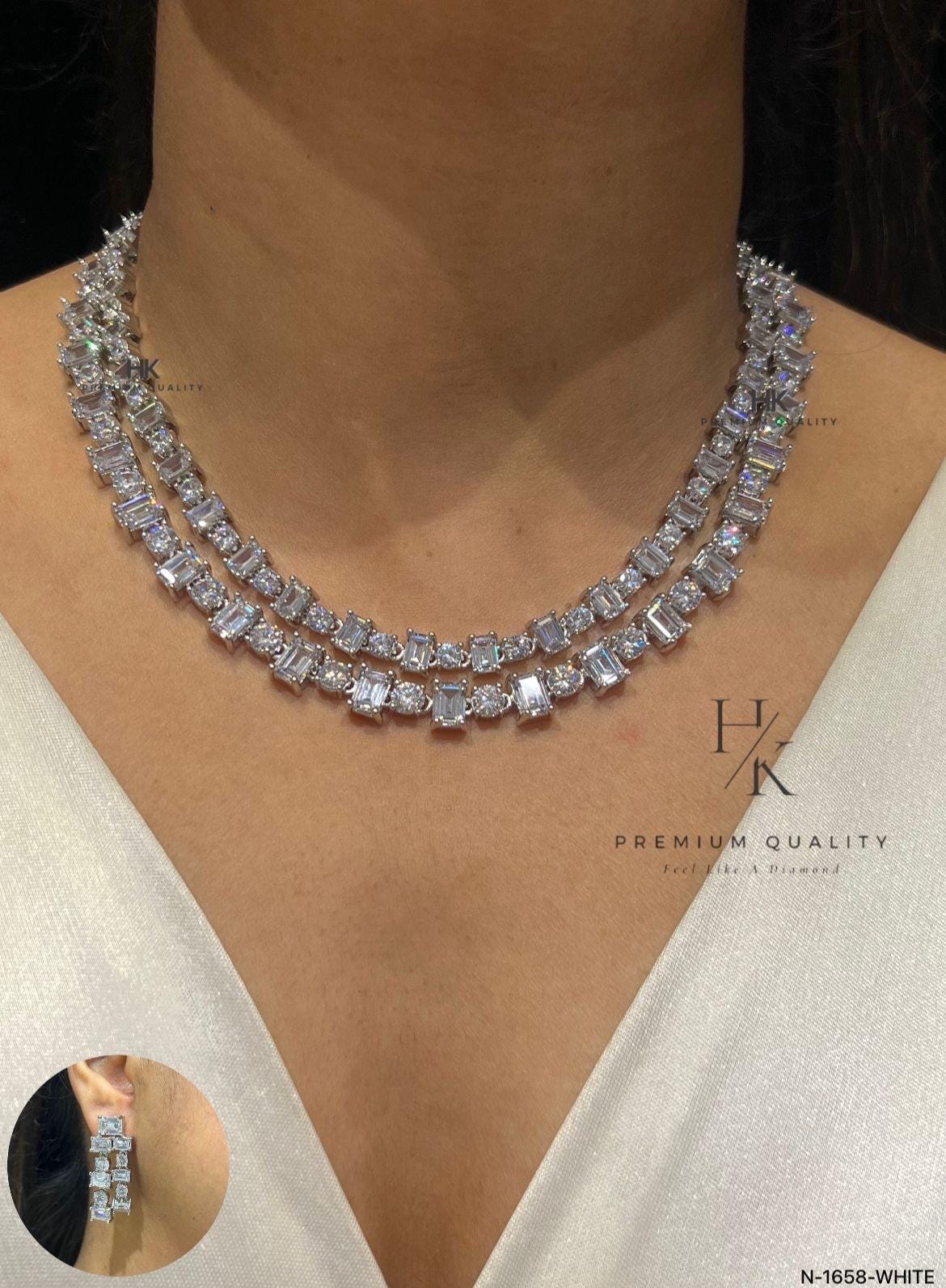 Double Layer CZ Tennis Necklace Set, Bridal Jewelry, Diamond Look Necklace with Earrings