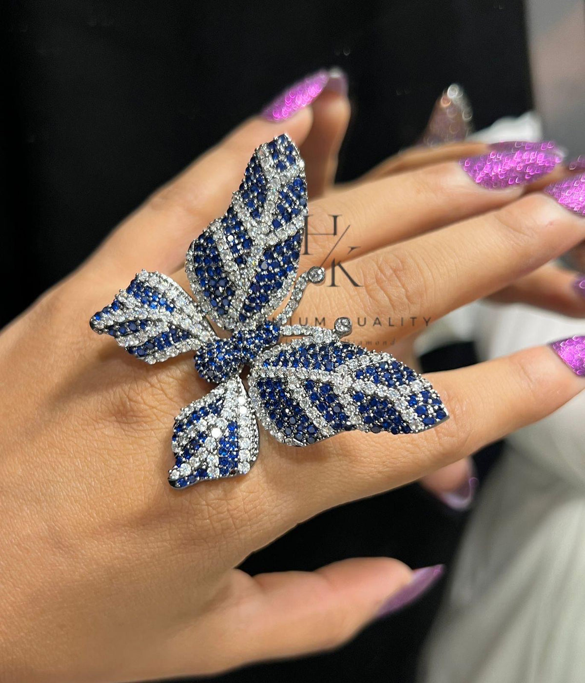 Oversized Butterfly Ring, Green CZ, Adjustable Statement Cocktail Jewelry