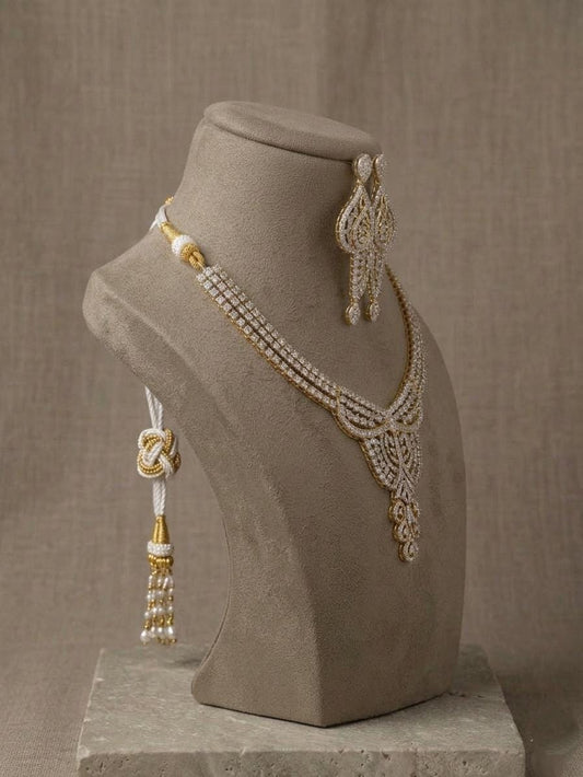 Gold Plated American Diamond Necklace Set, Bridal CZ Wedding Jewelry with Earrings