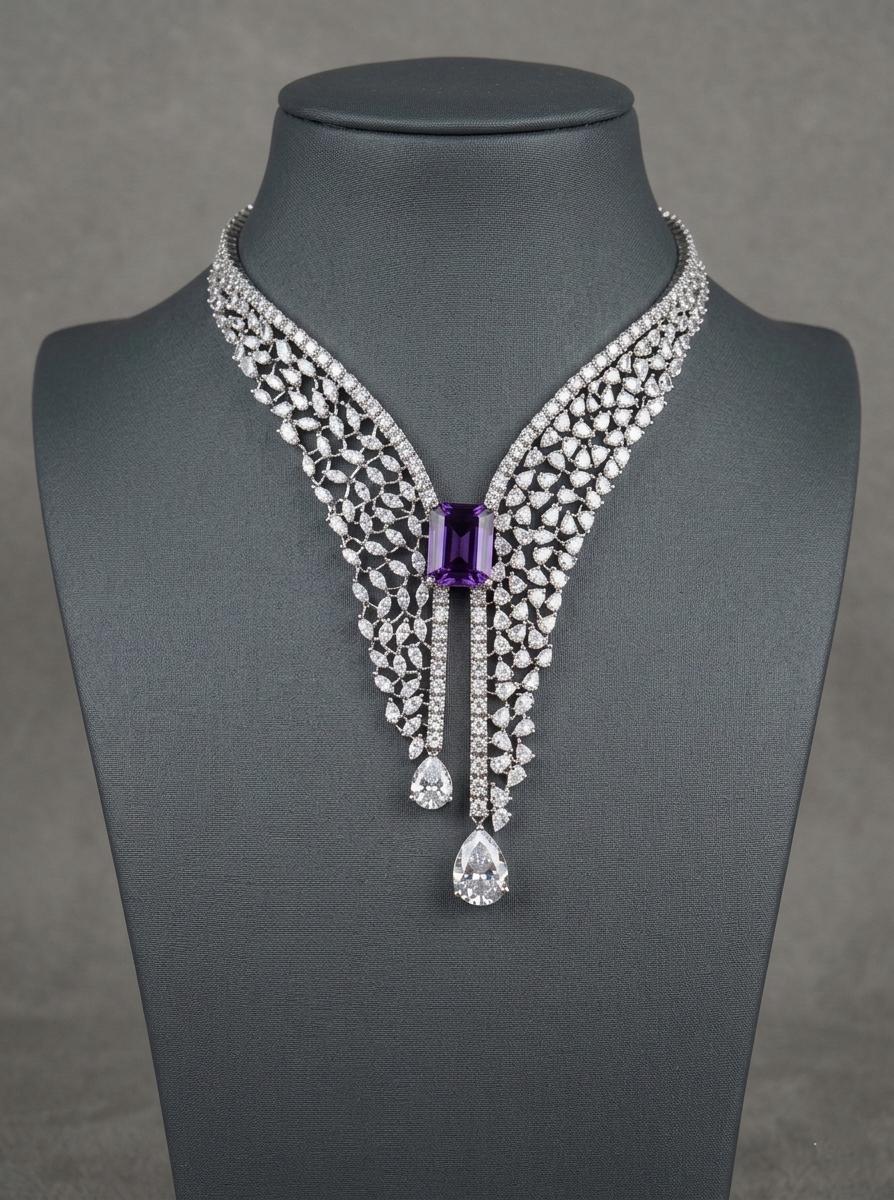 Crystal Waterfall Necklace Set, Bridal V-Shape Choker with Earrings