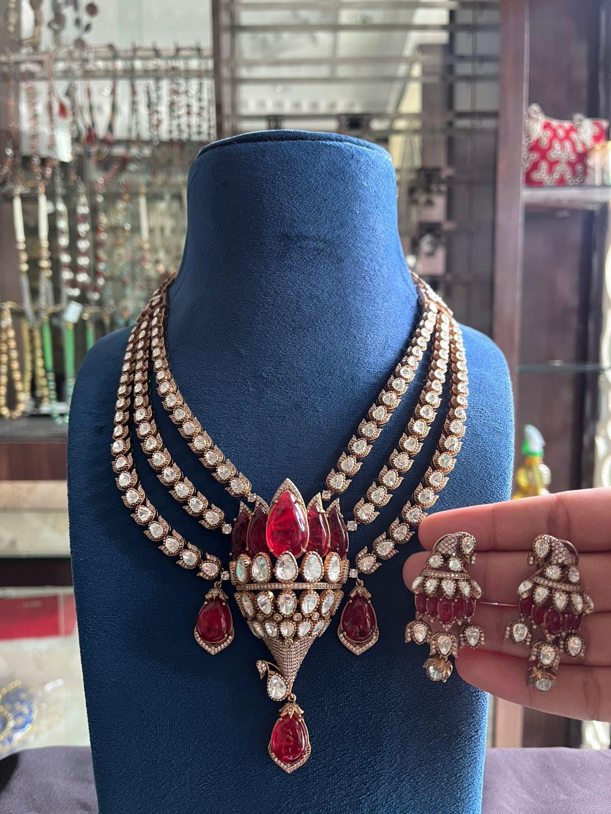 Kundan Pearl Bridal Choker Necklace Set, Red Stone Indian Wedding Jewelry