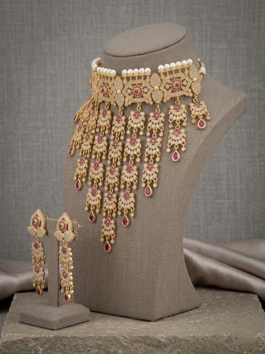 Gold Kundan Choker Necklace Set, Bridal Statement Jewelry, Pearl Accents, Long Earrings