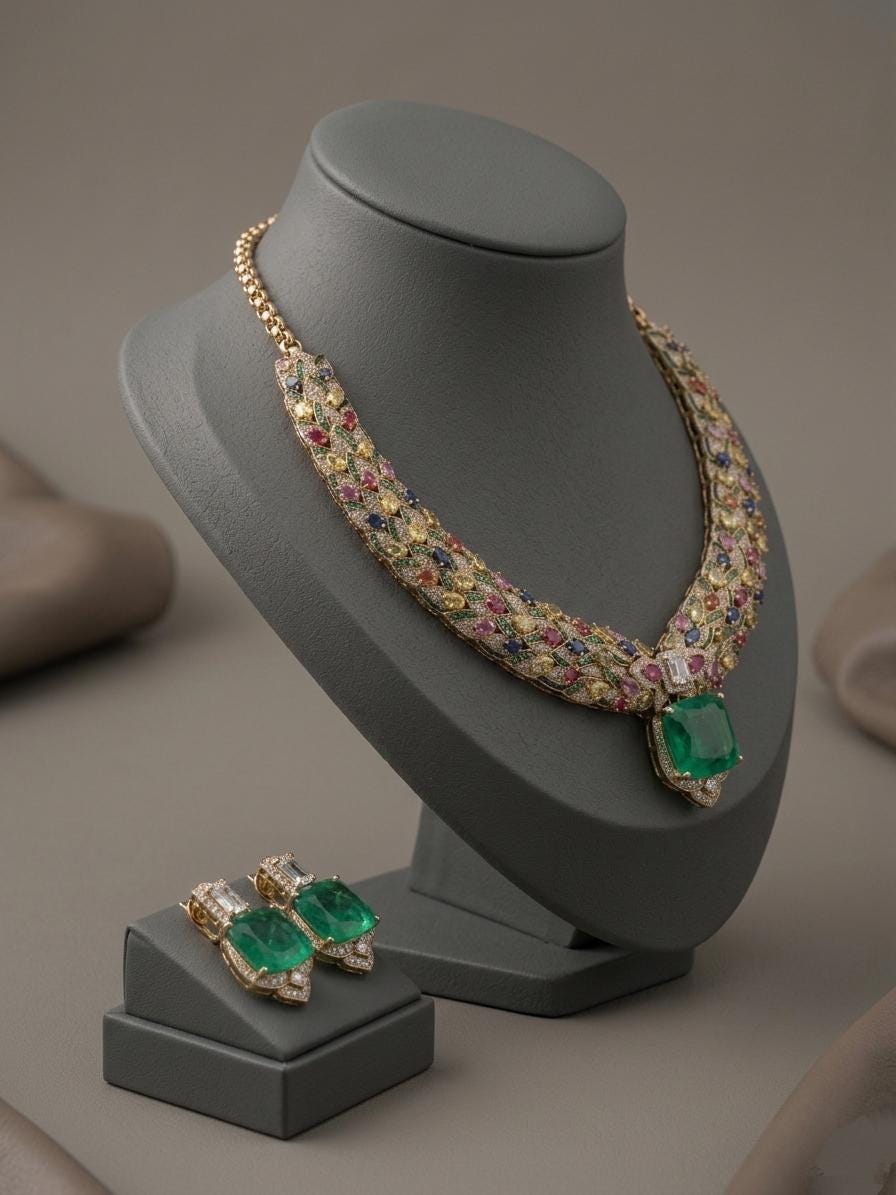 Multicolor CZ Bridal Necklace Set, Statement Jewelry, Luxury Wedding Necklace with Earrings