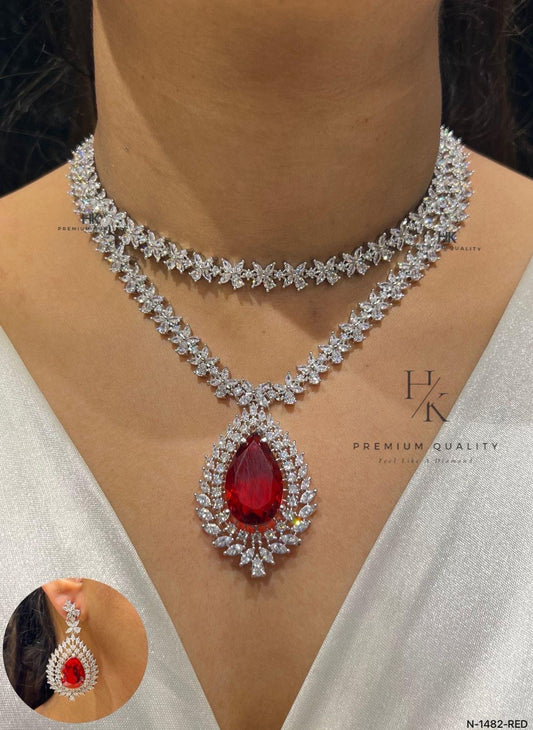 CZ Bridal Necklace Set, Double Layer Floral Crystal Pendant, Luxury Wedding Jewelry