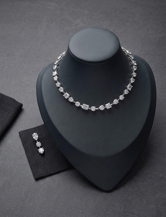 Minimal CZ Tennis Necklace Set, Mixed-Cut Diamond-Look Bridal Jewelry