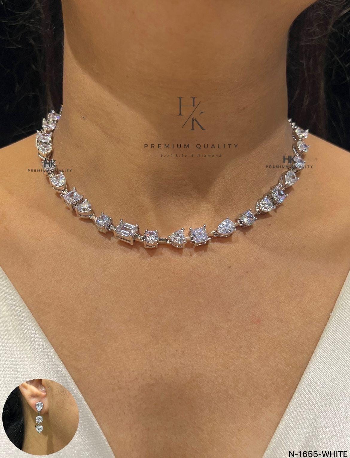 Minimal CZ Tennis Necklace Set, Mixed-Cut Diamond-Look Bridal Jewelry